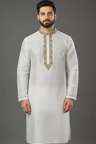 White embroidered dupion silk kurta