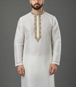 White embroidered dupion silk kurta