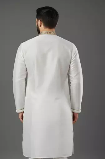 White embroidered dupion silk kurta