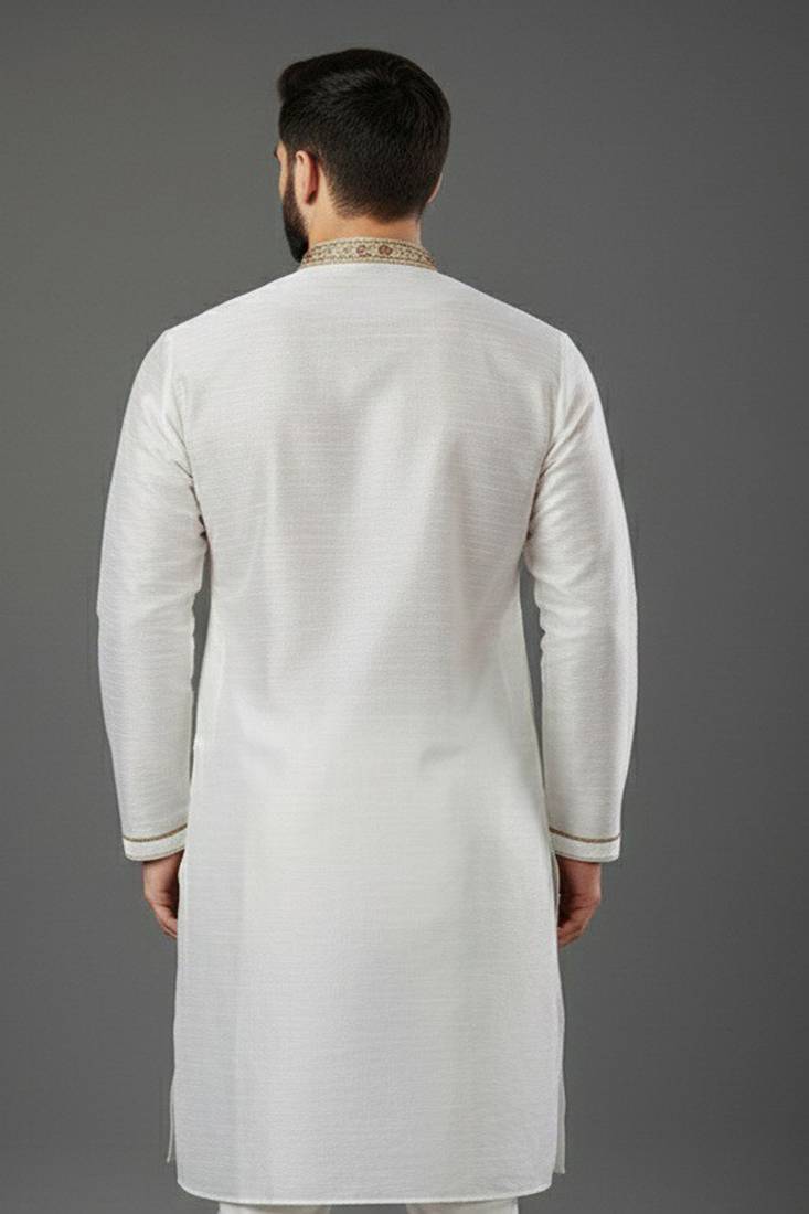 White embroidered dupion silk kurta