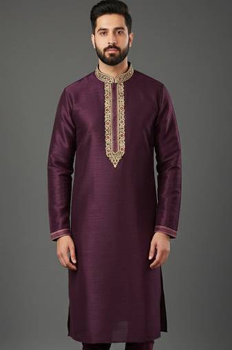 Purple embroidered dupion silk kurta