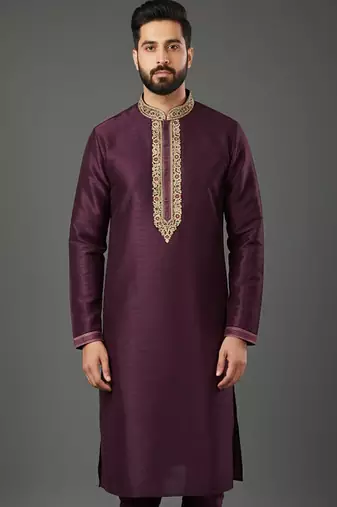 Purple embroidered dupion silk kurta