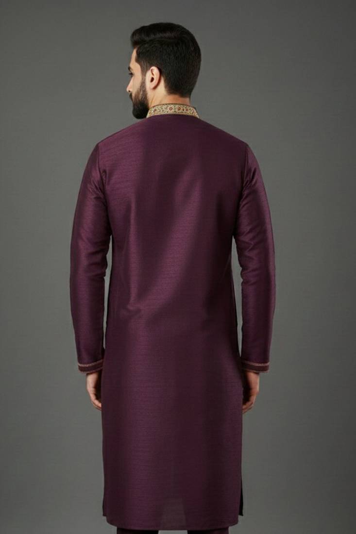 Purple embroidered dupion silk kurta