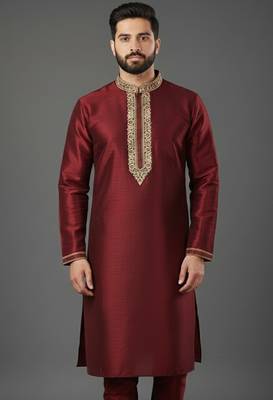Maroon embroidered dupion silk kurta 1