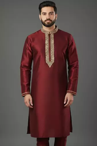 Maroon embroidered dupion silk kurta