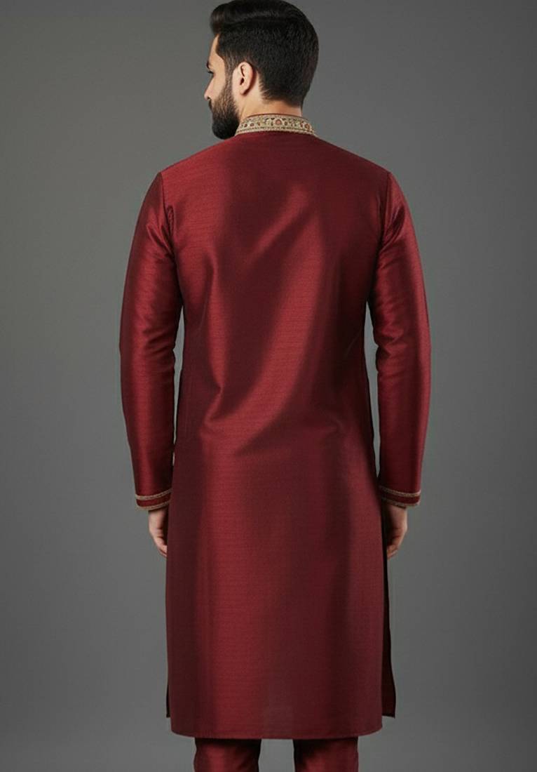 Maroon embroidered dupion silk kurta