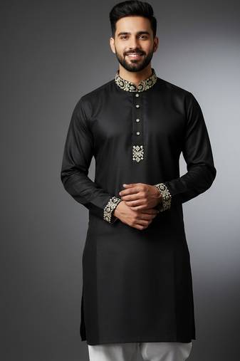 Black embroidered cotton kurta