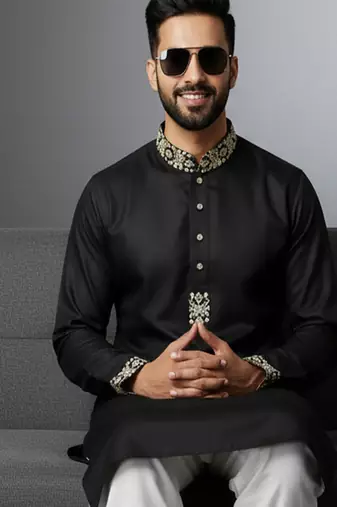 Black embroidered cotton kurta