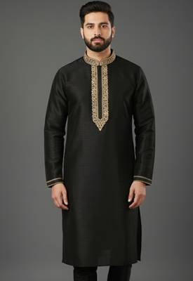 Black embroidered dupion silk kurta 1