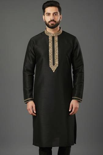 Black embroidered dupion silk kurta