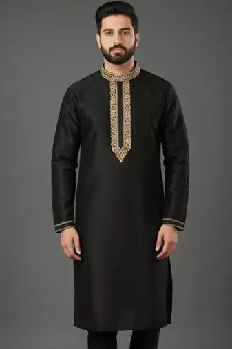 Black embroidered dupion silk kurta