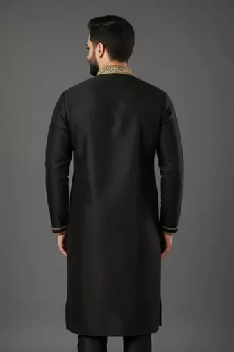 Black embroidered dupion silk kurta