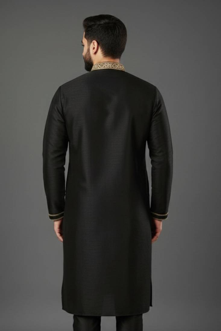 Black embroidered dupion silk kurta