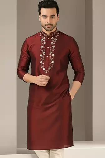 Maroon embroidered dupion silk kurta