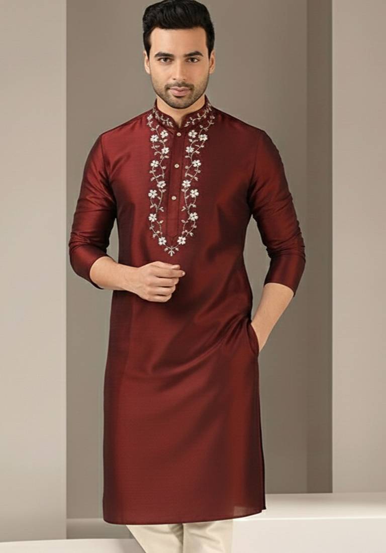 Maroon embroidered dupion silk kurta