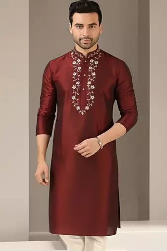 Maroon embroidered dupion silk kurta
