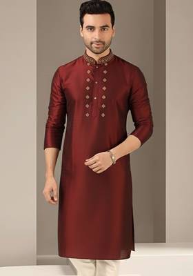 Maroon embroidered dupion silk kurta 1
