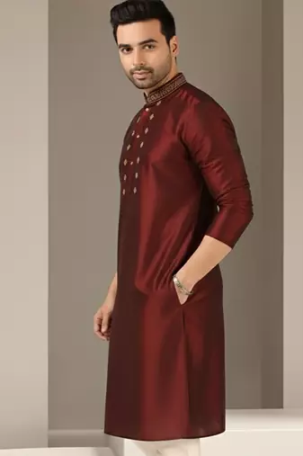 Maroon embroidered dupion silk kurta