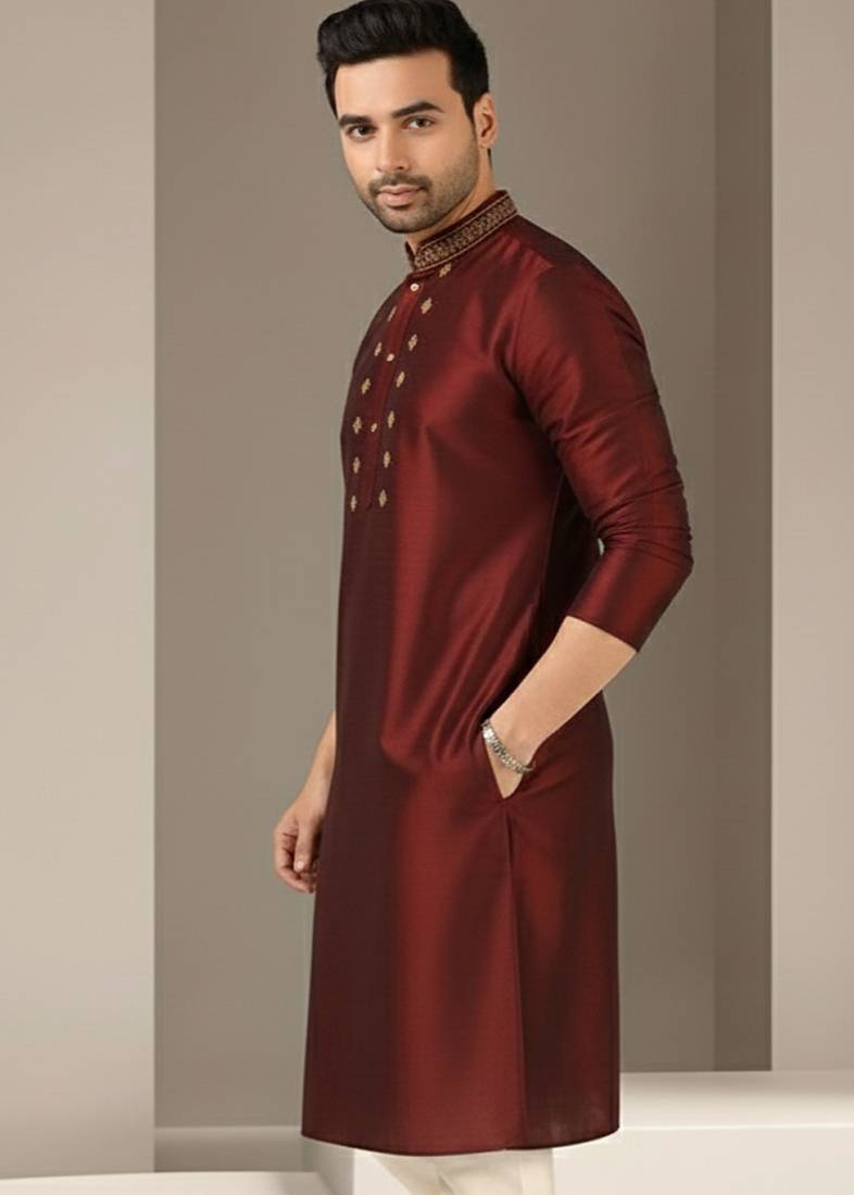 Maroon embroidered dupion silk kurta