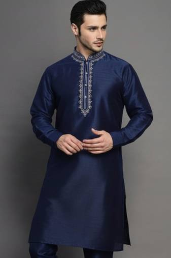 Navy embroidered dupion silk kurta