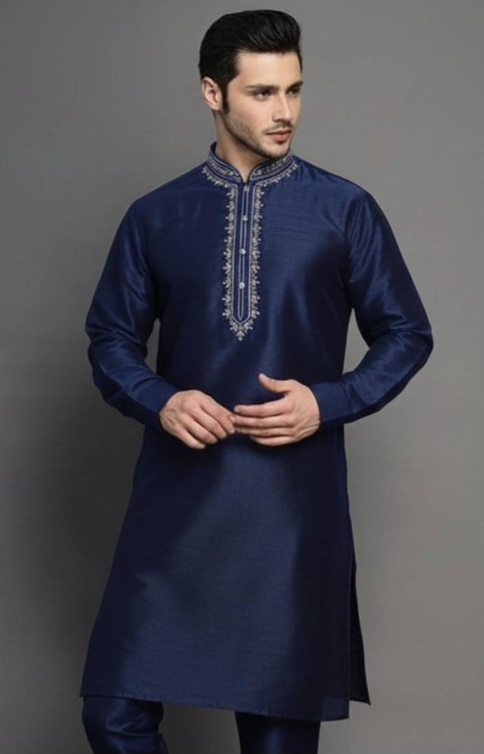 Navy embroidered dupion silk kurta