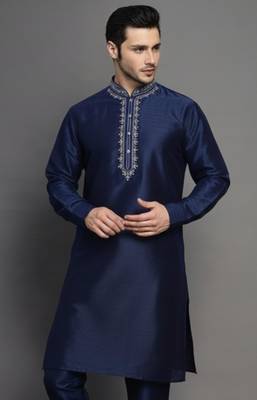 Navy embroidered dupion silk kurta 1