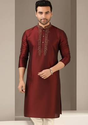 Maroon embroidered dupion silk kurta 1