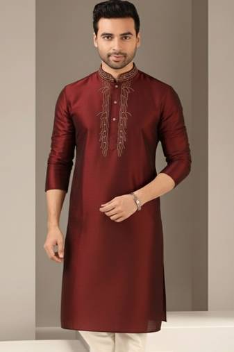Maroon embroidered dupion silk kurta