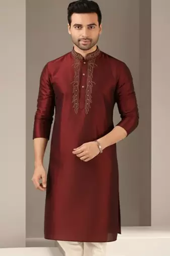 Maroon embroidered dupion silk kurta