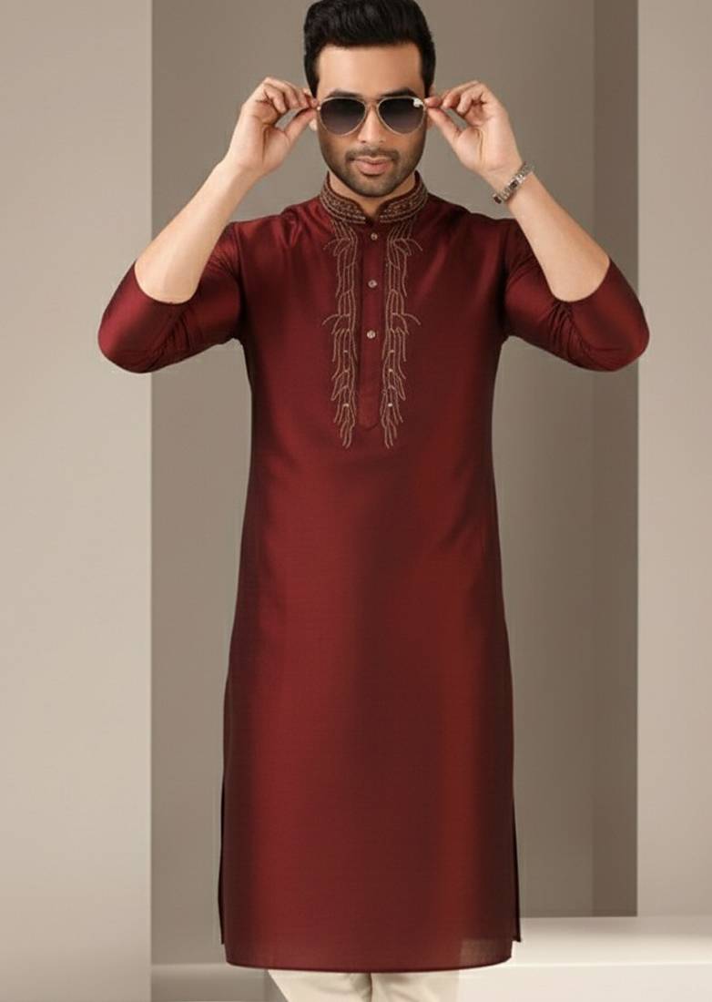Maroon embroidered dupion silk kurta