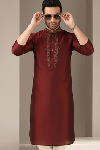 Maroon embroidered dupion silk kurta