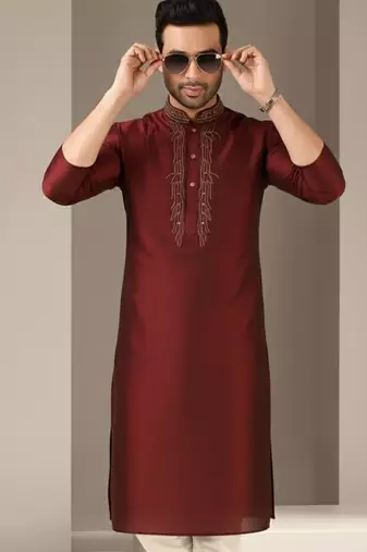 Maroon embroidered dupion silk kurta