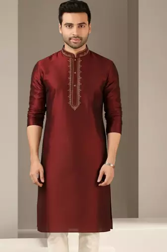 Maroon embroidered dupion silk kurta