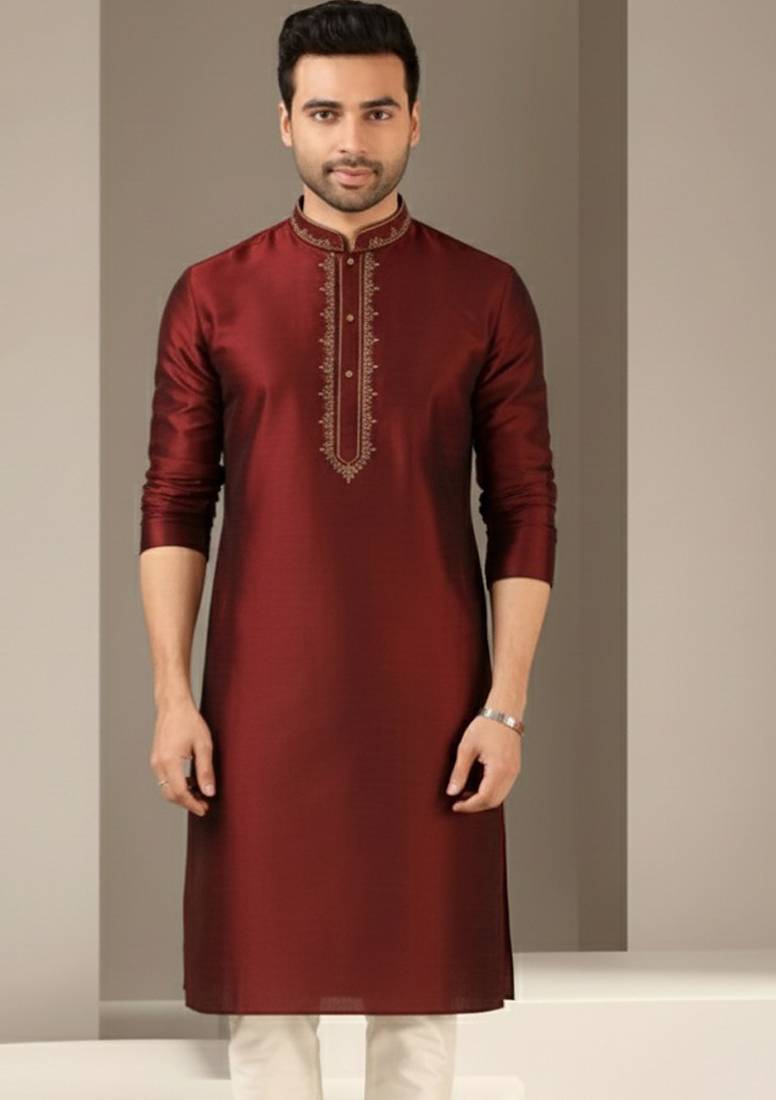 Maroon embroidered dupion silk kurta