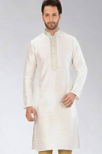 White embroidered dupion silk kurta