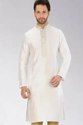 White embroidered dupion silk kurta