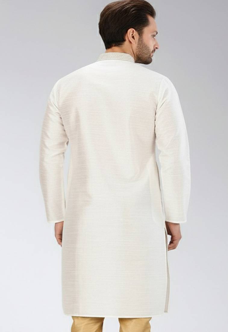 White embroidered dupion silk kurta