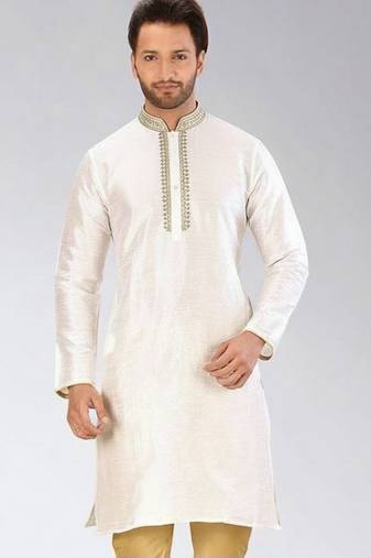 White embroidered dupion silk kurta