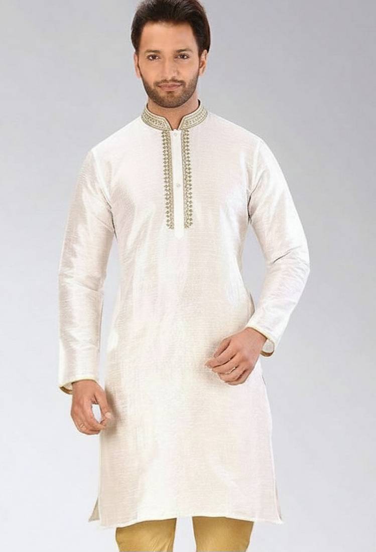 White embroidered dupion silk kurta