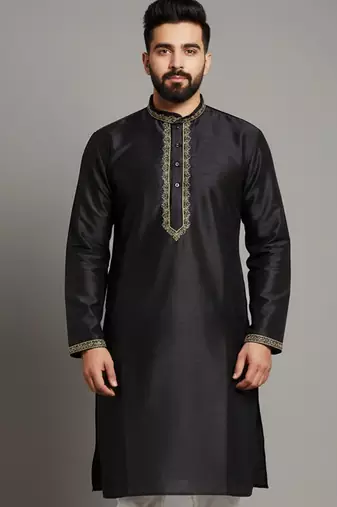 Black embroidered dupion silk kurta
