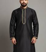Black embroidered dupion silk kurta
