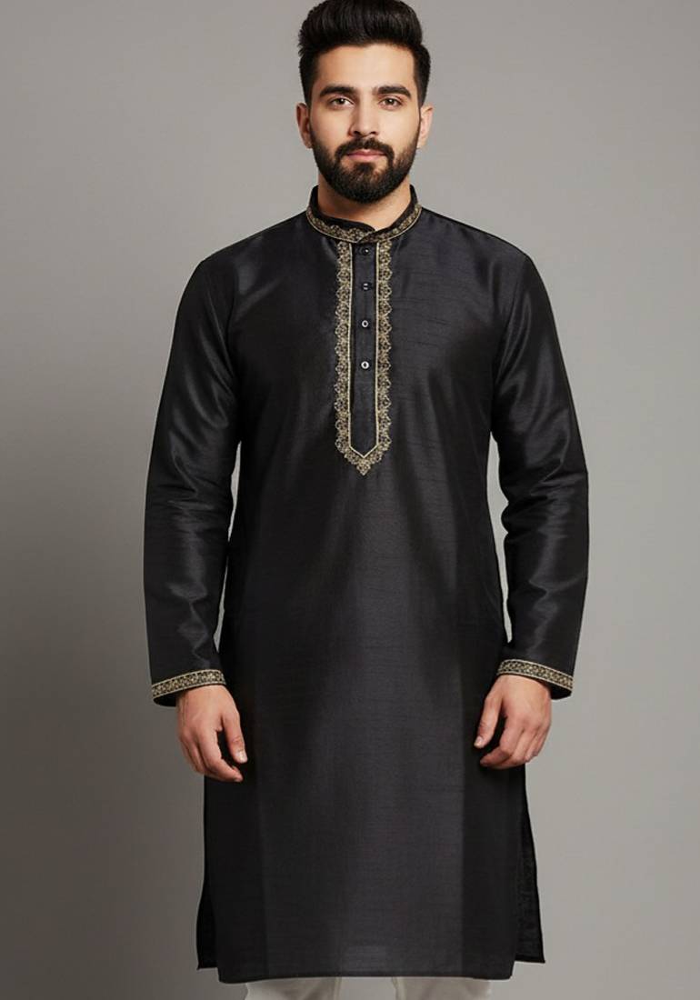 Black embroidered dupion silk kurta
