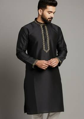 Black embroidered dupion silk kurta 2
