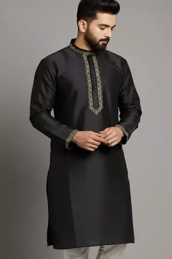 Black embroidered dupion silk kurta