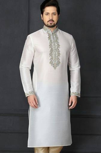 White embroidered dupion silk kurta