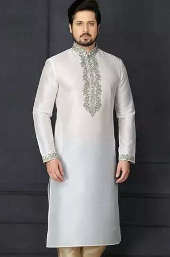 White embroidered dupion silk kurta