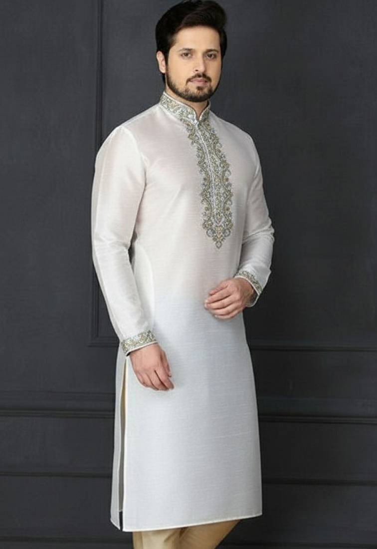 White embroidered dupion silk kurta