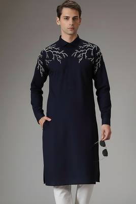 Navy embroidered cotton kurta 1