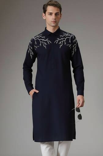 Navy embroidered cotton kurta