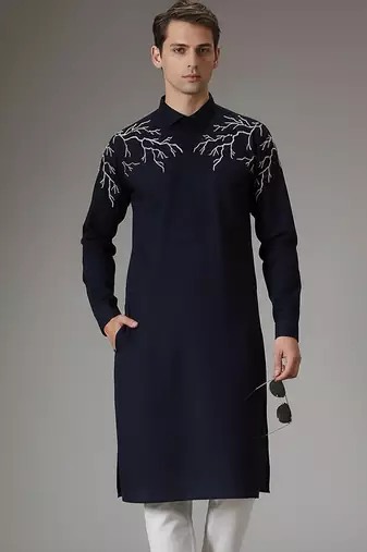 Navy embroidered cotton kurta